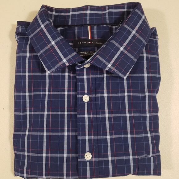 Tommy Hilfiger 2XL Men's Blue Orange Plaid Short Sleeve Collared Shirt - Picture 7 of 7